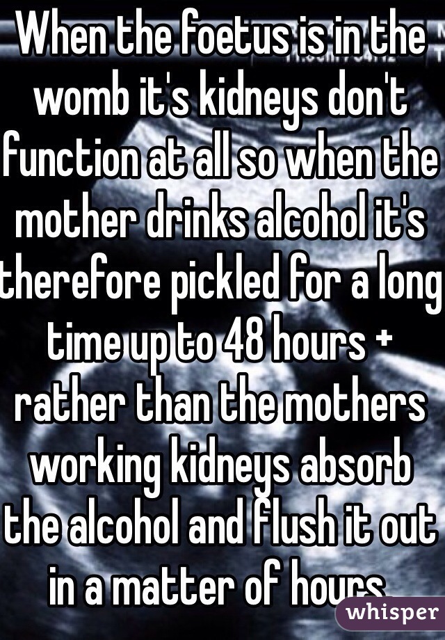 When the foetus is in the womb it's kidneys don't function at all so when the mother drinks alcohol it's therefore pickled for a long time up to 48 hours + rather than the mothers working kidneys absorb the alcohol and flush it out in a matter of hours.  