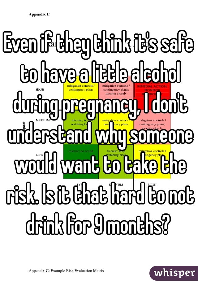 Even if they think it's safe to have a little alcohol during pregnancy, I don't understand why someone would want to take the risk. Is it that hard to not drink for 9 months? 