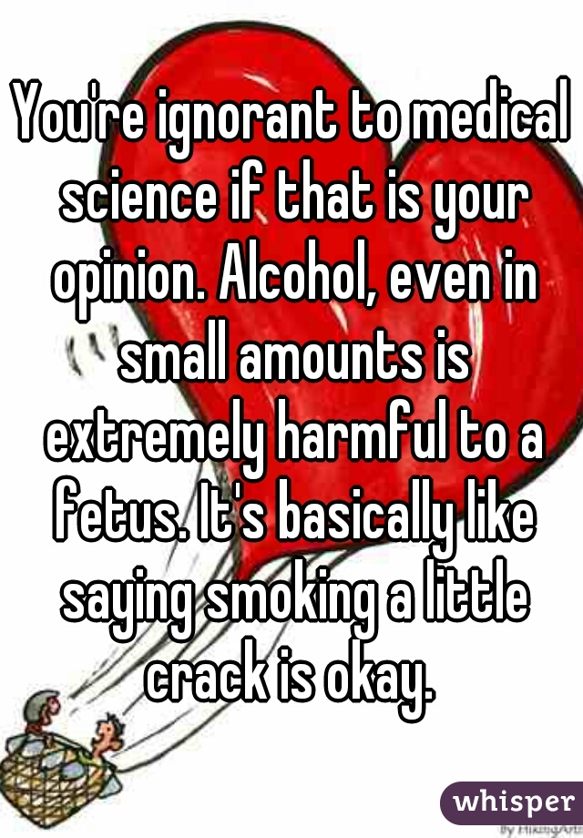 You're ignorant to medical science if that is your opinion. Alcohol, even in small amounts is extremely harmful to a fetus. It's basically like saying smoking a little crack is okay. 