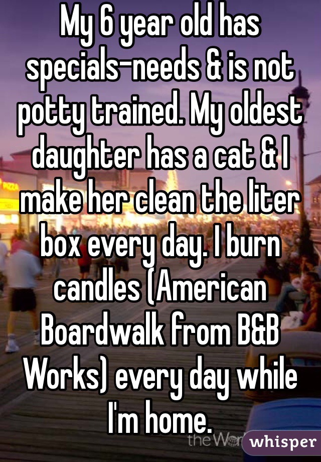 My 6 year old has specials-needs & is not potty trained. My oldest daughter has a cat & I make her clean the liter box every day. I burn candles (American Boardwalk from B&B Works) every day while I'm home. 