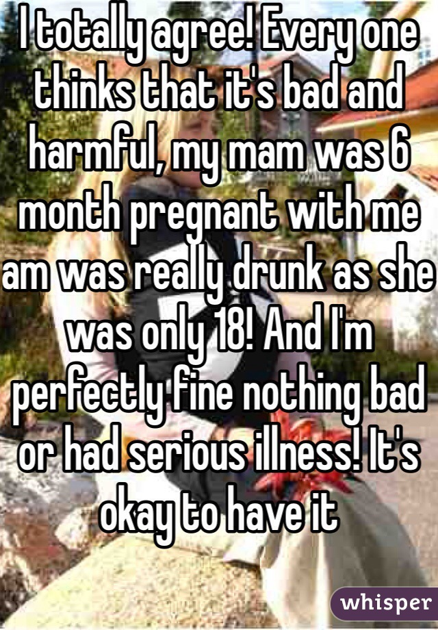 I totally agree! Every one thinks that it's bad and harmful, my mam was 6 month pregnant with me am was really drunk as she was only 18! And I'm perfectly fine nothing bad or had serious illness! It's okay to have it 