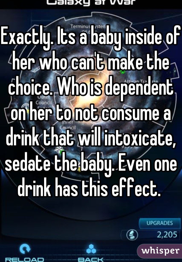 Exactly. Its a baby inside of her who can't make the choice. Who is dependent on her to not consume a drink that will intoxicate, sedate the baby. Even one drink has this effect. 