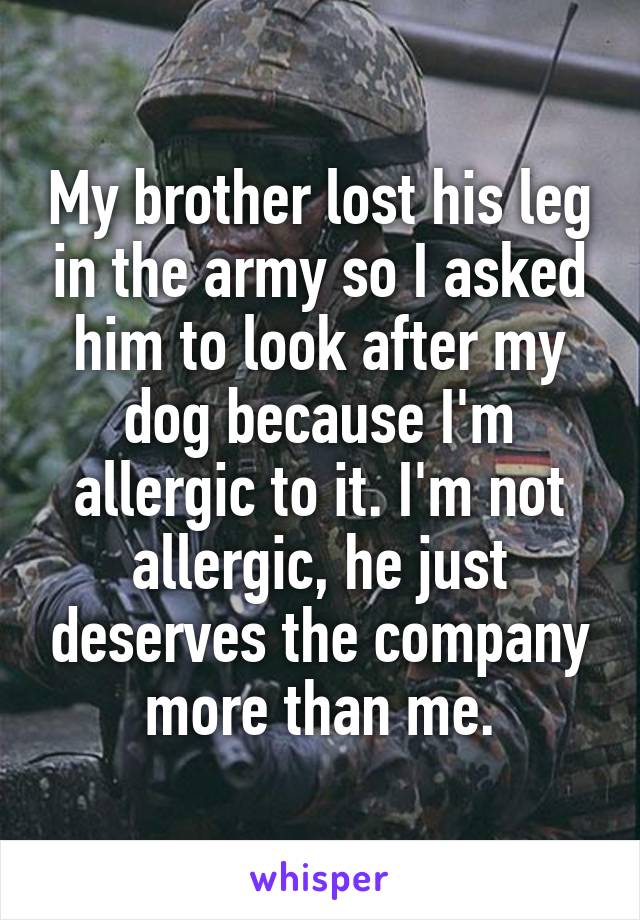 My brother lost his leg in the army so I asked him to look after my dog because I'm allergic to it. I'm not allergic, he just deserves the company more than me.