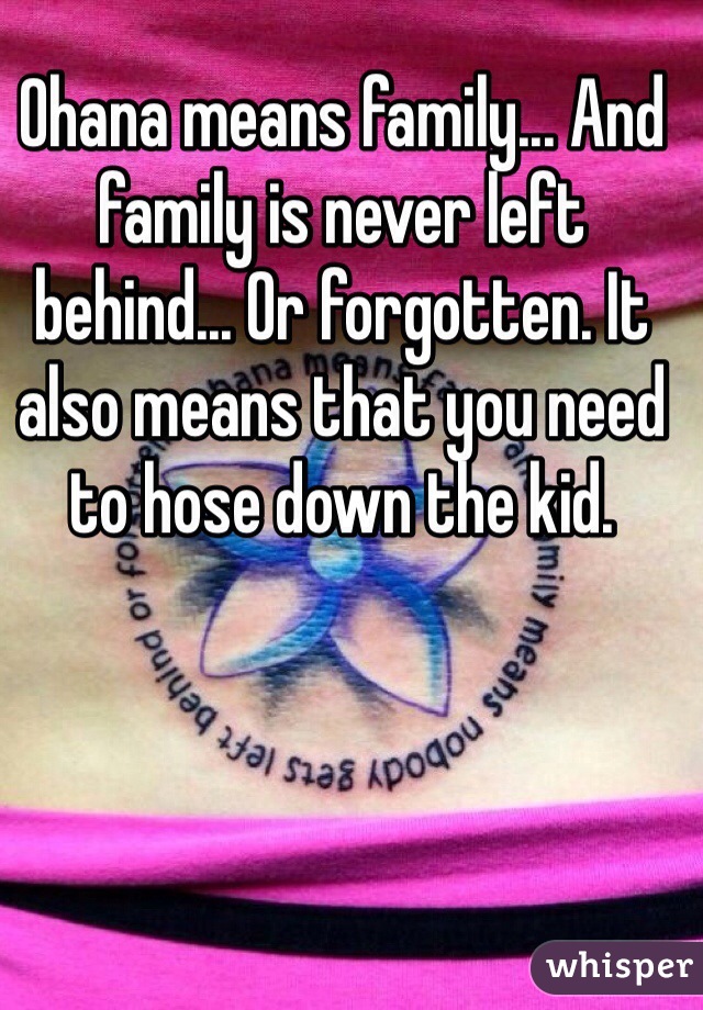 Ohana means family... And family is never left behind... Or forgotten. It also means that you need to hose down the kid.