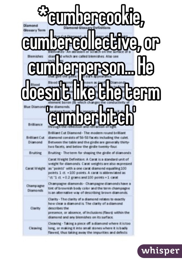 *cumbercookie, cumbercollective, or cumberperson... He doesn't like the term 'cumberbitch' 