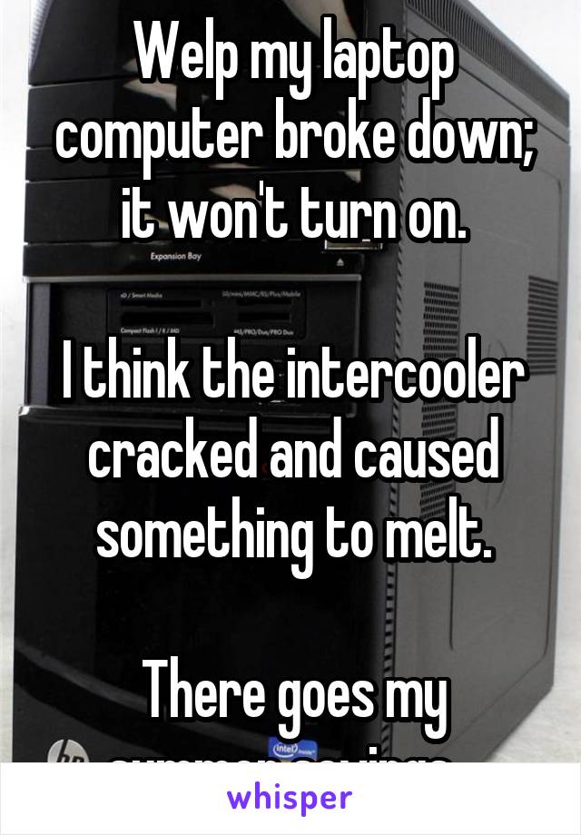 Welp my laptop computer broke down; it won't turn on.

I think the intercooler cracked and caused something to melt.

There goes my summer savings...