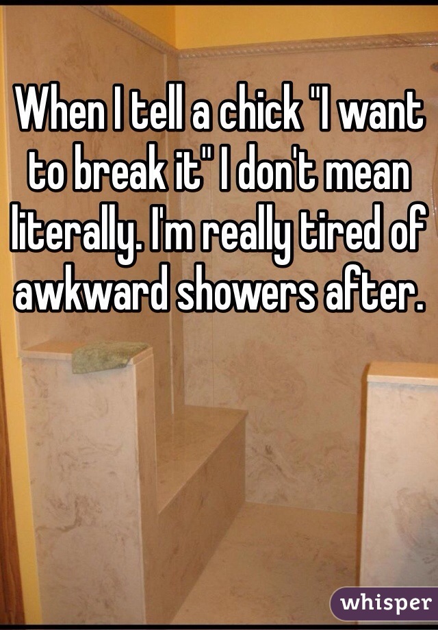 When I tell a chick "I want to break it" I don't mean literally. I'm really tired of awkward showers after.