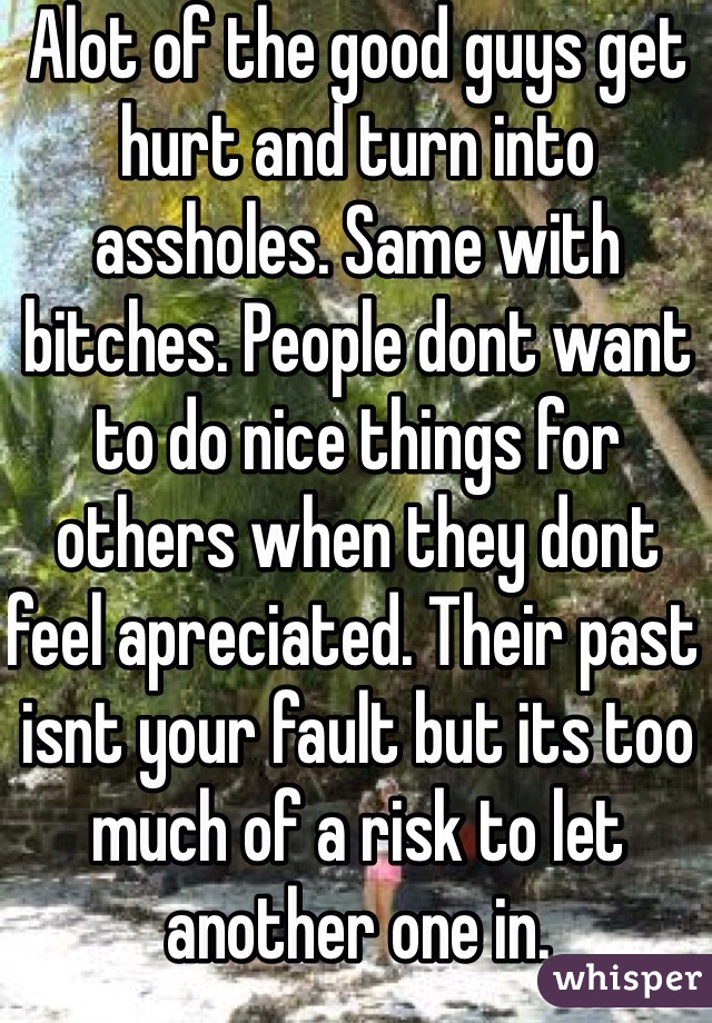 Alot of the good guys get hurt and turn into assholes. Same with bitches. People dont want to do nice things for others when they dont feel apreciated. Their past isnt your fault but its too much of a risk to let another one in.