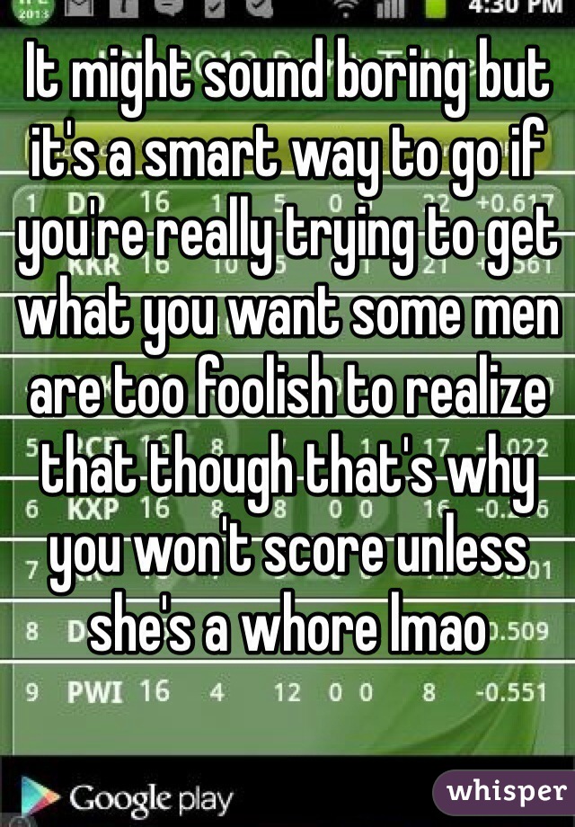 It might sound boring but it's a smart way to go if you're really trying to get what you want some men are too foolish to realize that though that's why you won't score unless she's a whore lmao 