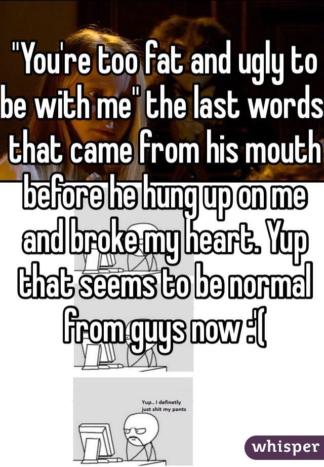 "You're too fat and ugly to be with me" the last words that came from his mouth before he hung up on me and broke my heart. Yup that seems to be normal from guys now :'(