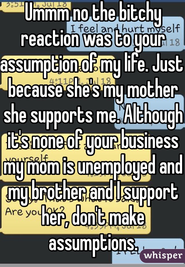 Ummm no the bitchy reaction was to your assumption of my life. Just because she's my mother she supports me. Although it's none of your business my mom is unemployed and my brother and I support her, don't make assumptions.