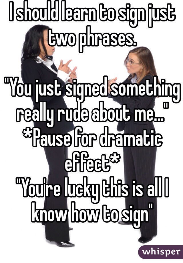 I should learn to sign just two phrases. 

"You just signed something really rude about me..."
*Pause for dramatic effect*
"You're lucky this is all I know how to sign"