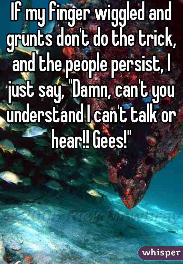 If my finger wiggled and grunts don't do the trick, and the people persist, I just say, "Damn, can't you understand I can't talk or hear!! Gees!"