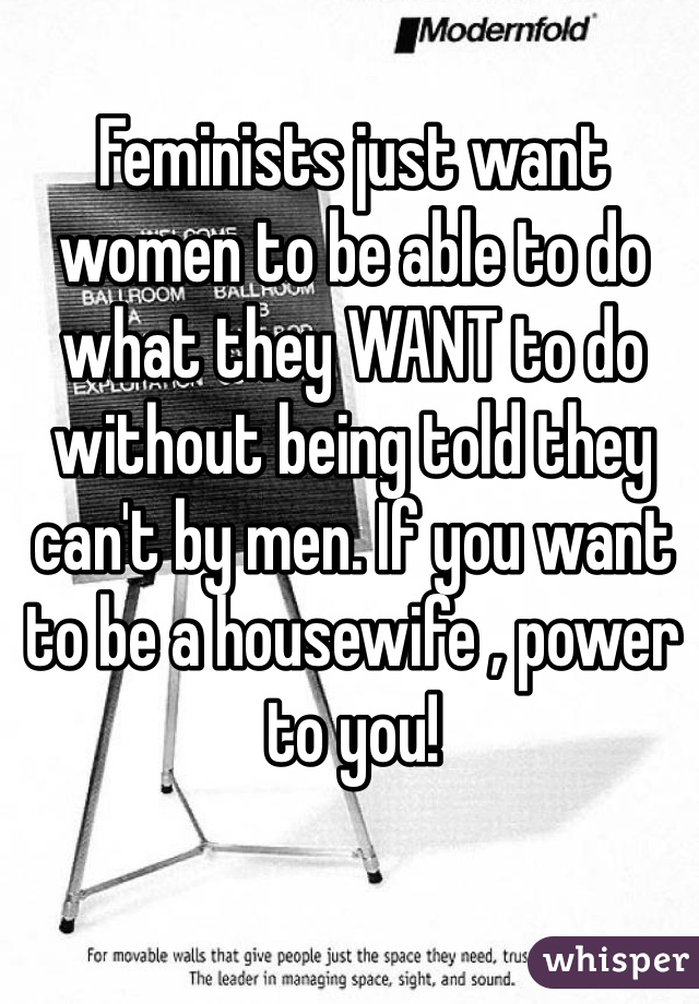 Feminists just want women to be able to do what they WANT to do without being told they can't by men. If you want to be a housewife , power to you! 