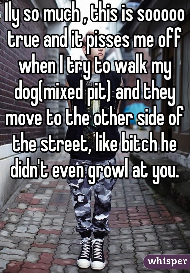 Ily so much , this is sooooo true and it pisses me off when I try to walk my dog(mixed pit) and they move to the other side of the street, like bitch he didn't even growl at you.