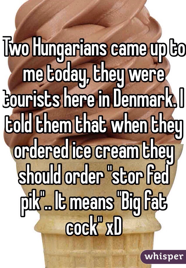 Two Hungarians came up to me today, they were tourists here in Denmark. I told them that when they ordered ice cream they should order "stor fed pik".. It means "Big fat cock" xD 