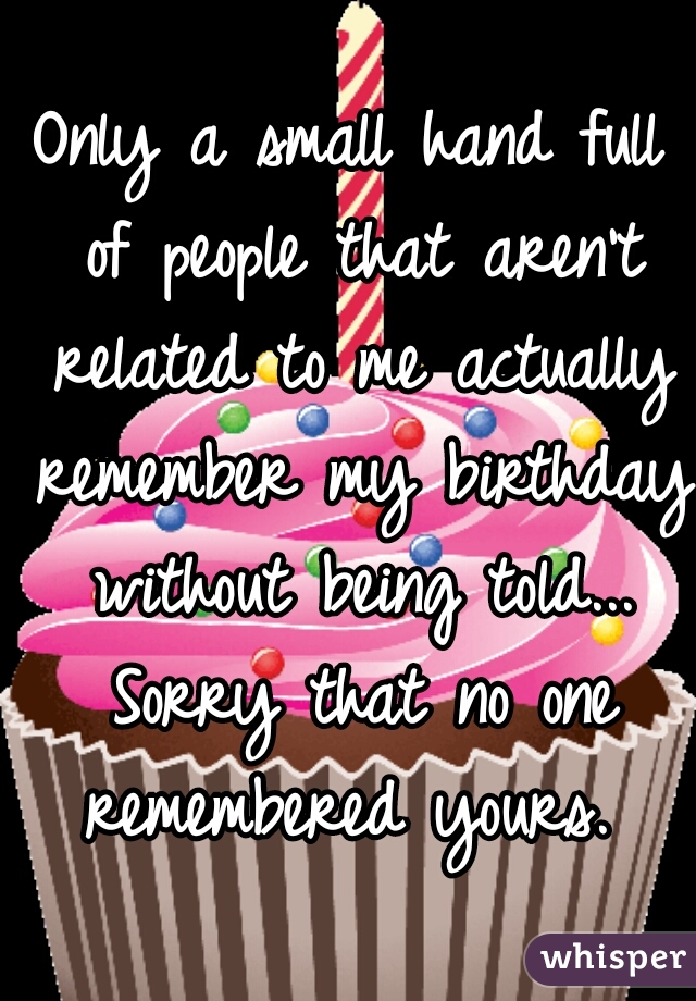 Only a small hand full of people that aren't related to me actually remember my birthday without being told... Sorry that no one remembered yours. 