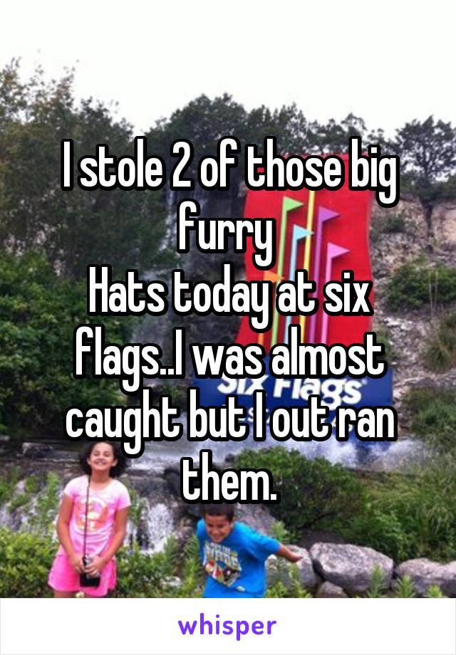 I stole 2 of those big furry 
Hats today at six flags..I was almost caught but I out ran them.
