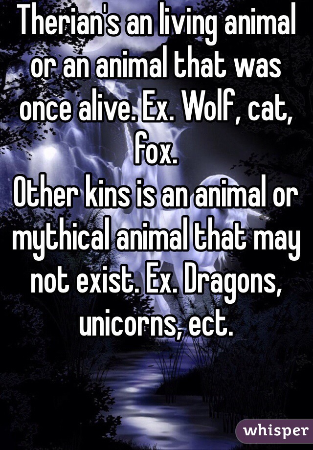 Therian's an living animal or an animal that was once alive. Ex. Wolf, cat, fox. 
Other kins is an animal or mythical animal that may not exist. Ex. Dragons, unicorns, ect. 