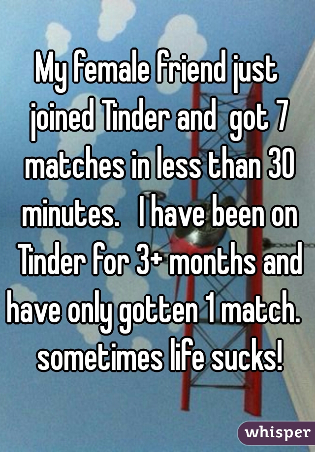 My female friend just joined Tinder and  got 7 matches in less than 30 minutes.   I have been on Tinder for 3+ months and have only gotten 1 match.   sometimes life sucks!