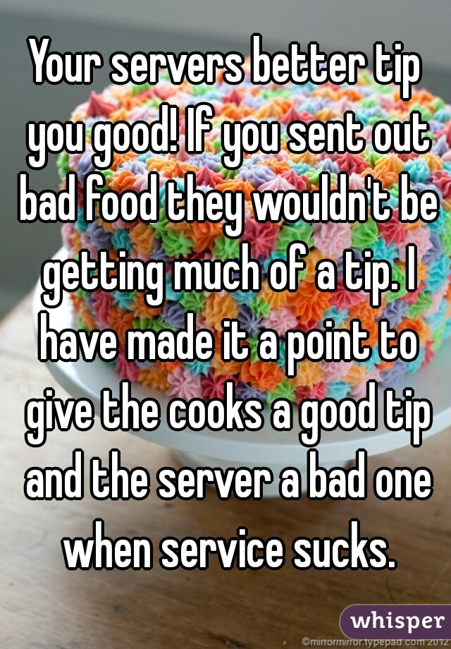Your servers better tip you good! If you sent out bad food they wouldn't be getting much of a tip. I have made it a point to give the cooks a good tip and the server a bad one when service sucks.