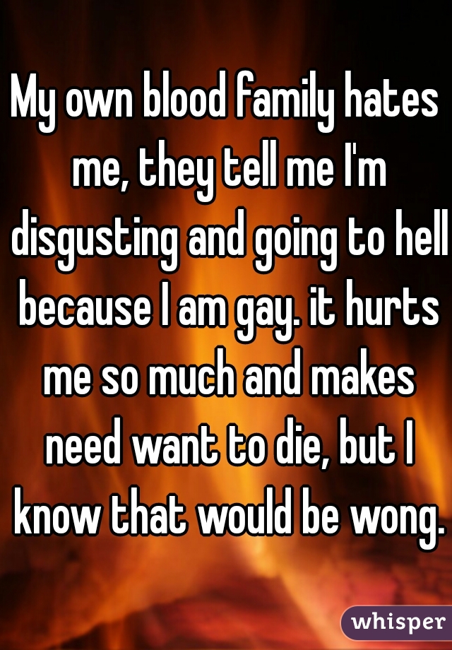 My own blood family hates me, they tell me I'm disgusting and going to hell because I am gay. it hurts me so much and makes need want to die, but I know that would be wong.