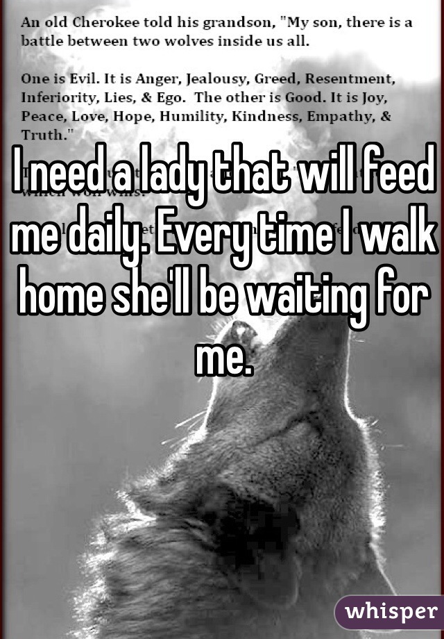 I need a lady that will feed me daily. Every time I walk home she'll be waiting for me.  