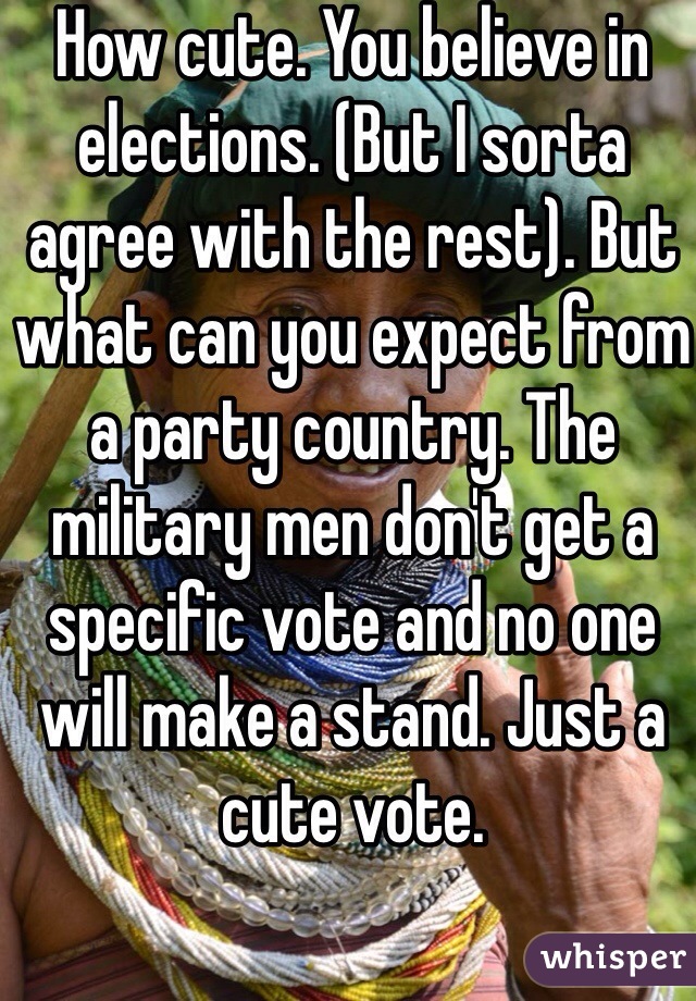 How cute. You believe in elections. (But I sorta agree with the rest). But what can you expect from a party country. The military men don't get a specific vote and no one will make a stand. Just a cute vote. 