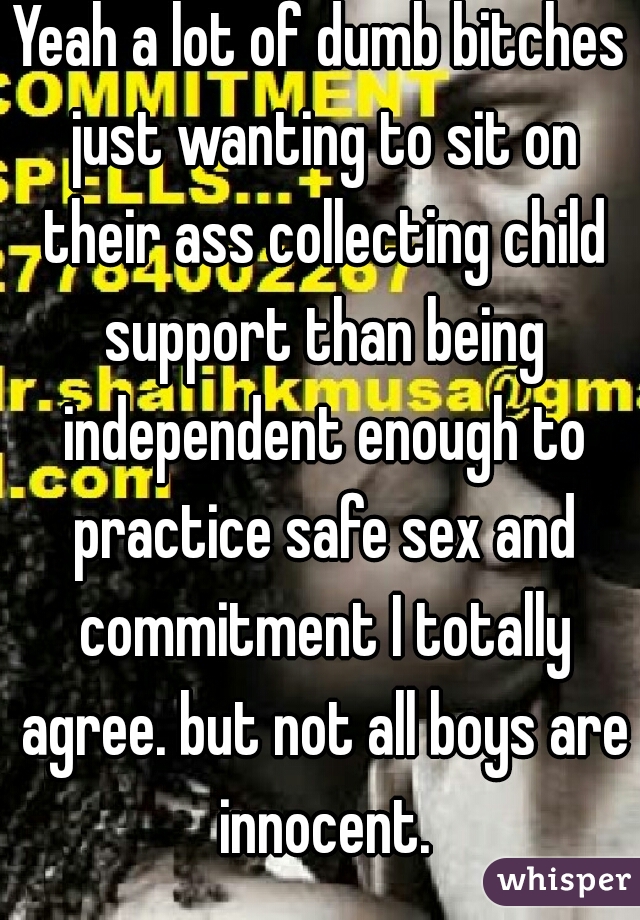 Yeah a lot of dumb bitches just wanting to sit on their ass collecting child support than being independent enough to practice safe sex and commitment I totally agree. but not all boys are innocent.
