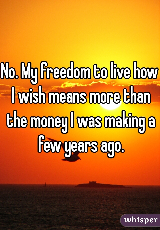 No. My freedom to live how I wish means more than the money I was making a few years ago.