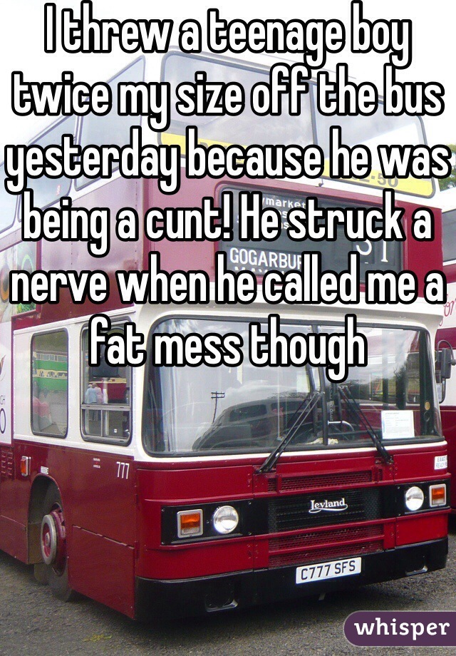 I threw a teenage boy twice my size off the bus yesterday because he was being a cunt! He struck a nerve when he called me a fat mess though