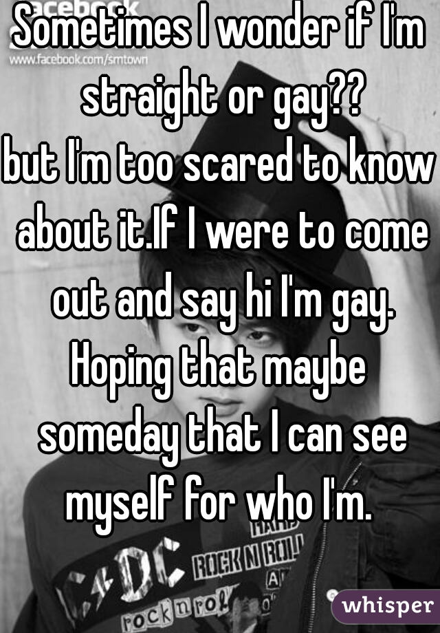 Sometimes I wonder if I'm straight or gay??
but I'm too scared to know about it.If I were to come out and say hi I'm gay.
Hoping that maybe someday that I can see myself for who I'm. 
      