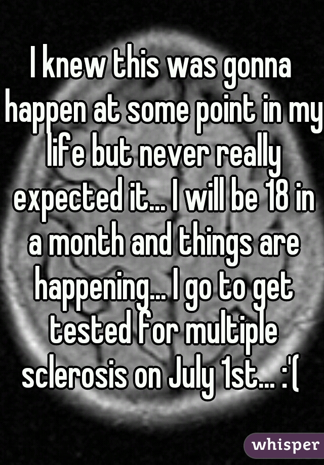 I knew this was gonna happen at some point in my life but never really expected it... I will be 18 in a month and things are happening... I go to get tested for multiple sclerosis on July 1st... :'( 