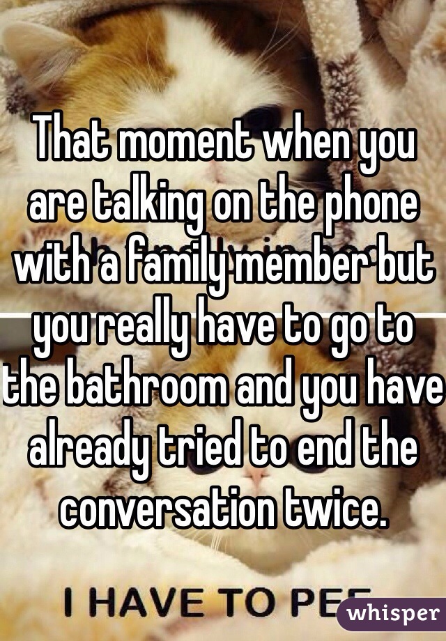 That moment when you are talking on the phone with a family member but you really have to go to the bathroom and you have already tried to end the conversation twice.