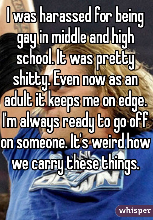 I was harassed for being gay in middle and high school. It was pretty shitty. Even now as an adult it keeps me on edge. I'm always ready to go off on someone. It's weird how we carry these things.  
