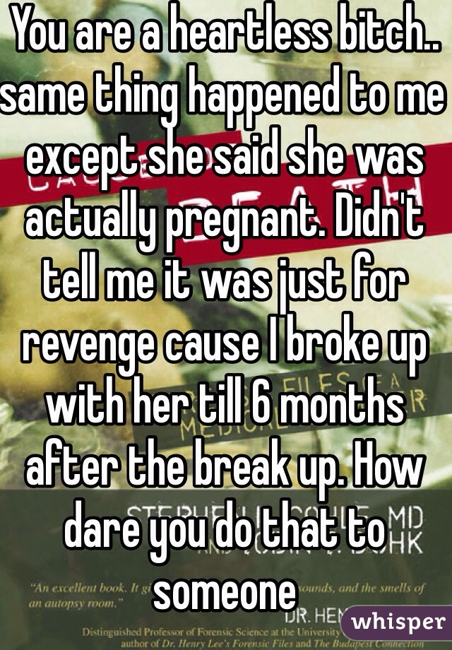 You are a heartless bitch.. same thing happened to me except she said she was actually pregnant. Didn't tell me it was just for revenge cause I broke up with her till 6 months after the break up. How dare you do that to someone