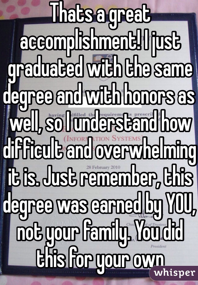 Thats a great accomplishment! I just graduated with the same degree and with honors as well, so I understand how difficult and overwhelming it is. Just remember, this degree was earned by YOU, not your family. You did this for your own progress, not their's. 