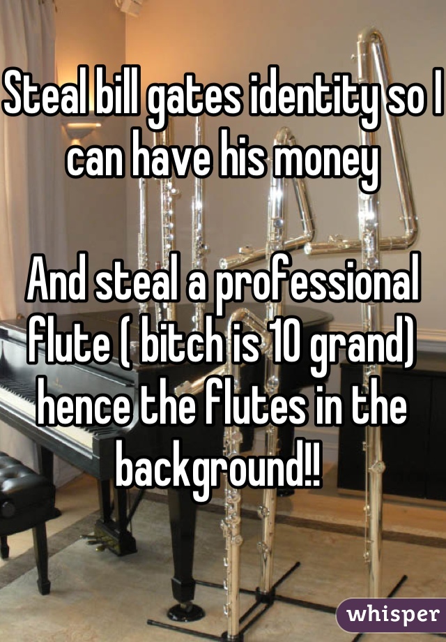 Steal bill gates identity so I can have his money 

And steal a professional flute ( bitch is 10 grand) hence the flutes in the background!! 