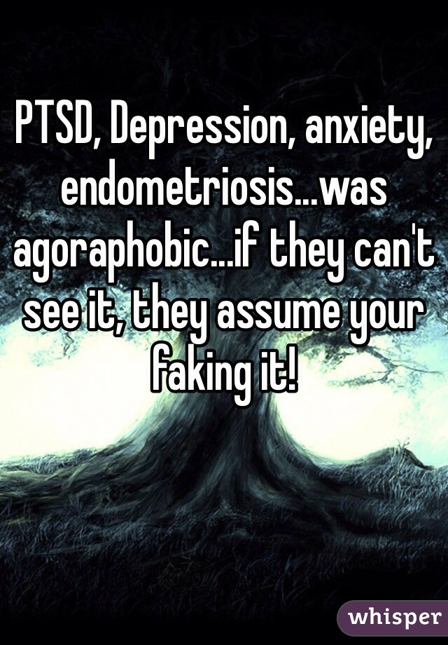 PTSD, Depression, anxiety, endometriosis...was agoraphobic...if they can't see it, they assume your faking it! 