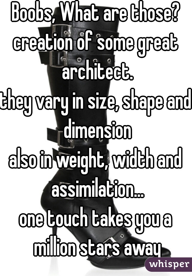 Boobs, What are those?
creation of some great architect.

they vary in size, shape and dimension
also in weight, width and assimilation...

one touch takes you a million stars away