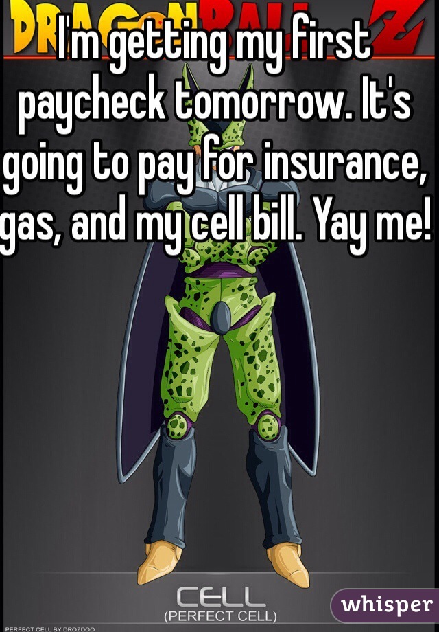 I'm getting my first paycheck tomorrow. It's going to pay for insurance, gas, and my cell bill. Yay me!