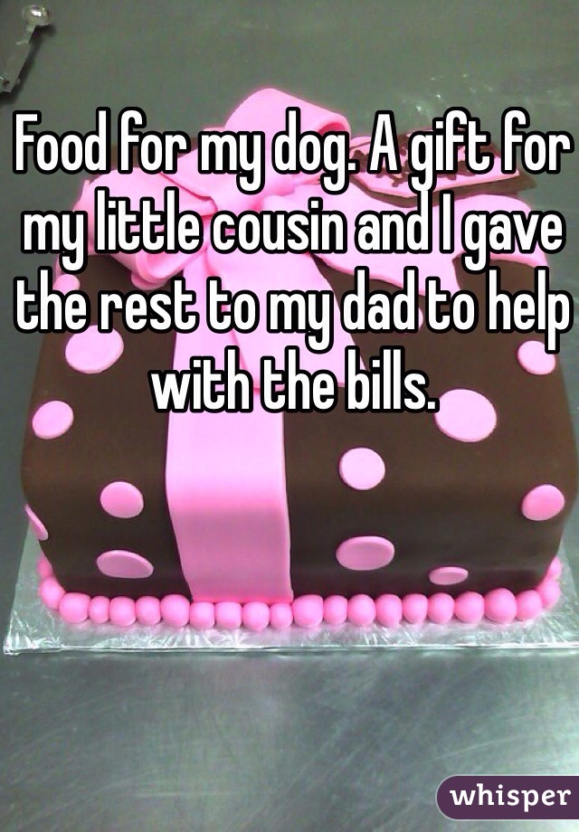 Food for my dog. A gift for my little cousin and I gave the rest to my dad to help with the bills.
