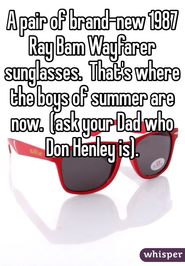 A pair of brand-new 1987 Ray Bam Wayfarer sunglasses.  That's where the boys of summer are now.  (ask your Dad who Don Henley is).