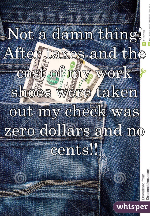 Not a damn thing! After taxes and the cost of my work shoes were taken out my check was zero dollars and no cents!! 