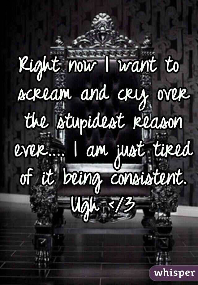 Right now I want to scream and cry over the stupidest reason ever.... I am just tired of it being consistent. Ugh </3