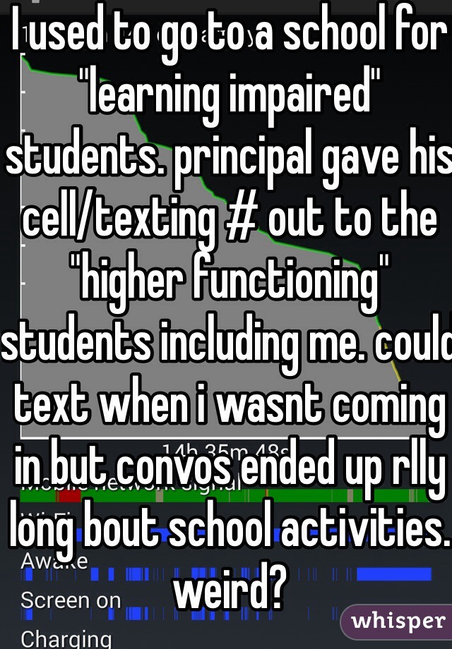I used to go to a school for "learning impaired" students. principal gave his cell/texting # out to the "higher functioning" students including me. could text when i wasnt coming in but convos ended up rlly
long bout school activities. weird?