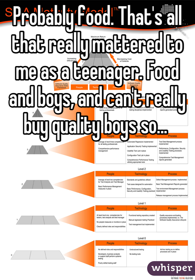 Probably food. That's all that really mattered to me as a teenager. Food and boys, and can't really buy quality boys so... 