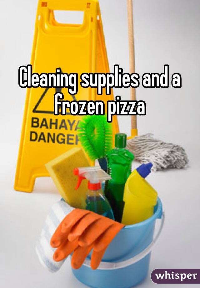 Cleaning supplies and a frozen pizza 