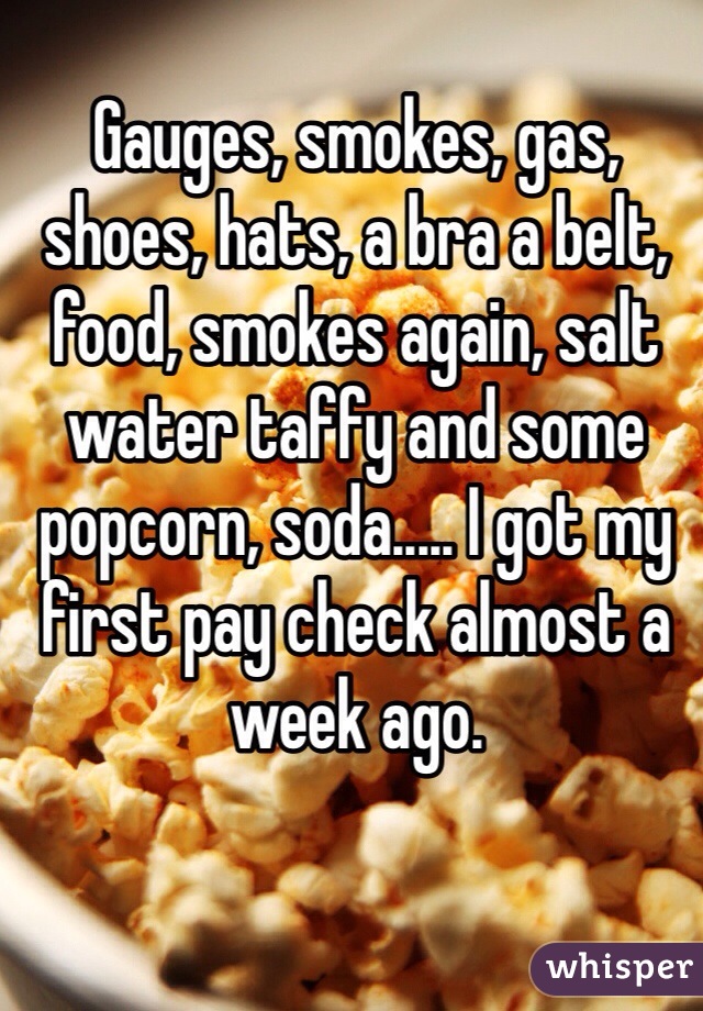 Gauges, smokes, gas, shoes, hats, a bra a belt, food, smokes again, salt water taffy and some popcorn, soda..... I got my first pay check almost a week ago.