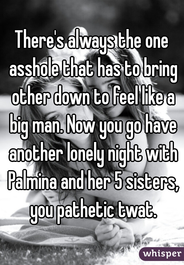 There's always the one asshole that has to bring other down to feel like a big man. Now you go have another lonely night with Palmina and her 5 sisters, you pathetic twat.
